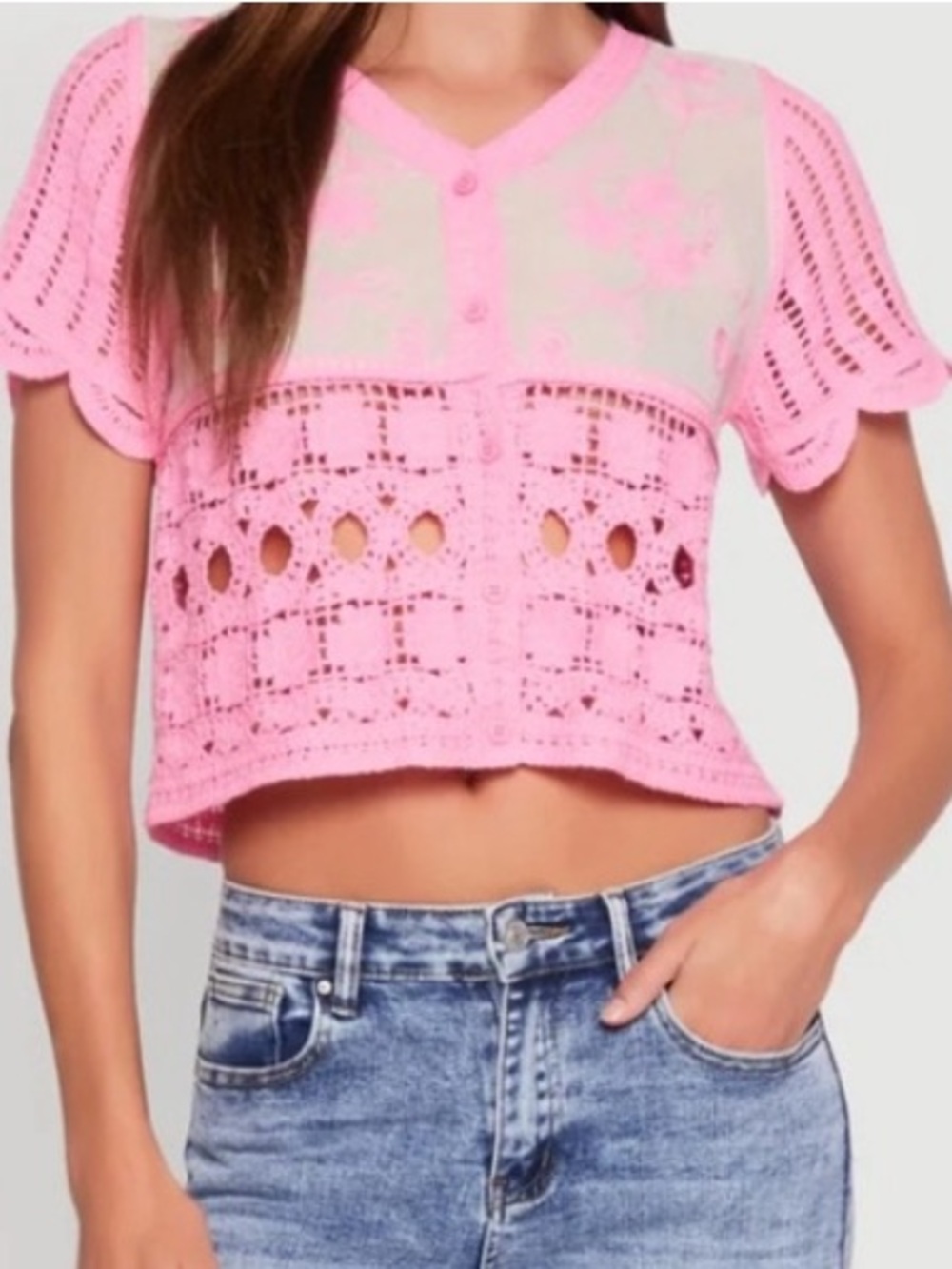 G&D Pink Crochet Short-Sleeve Cardigan Top